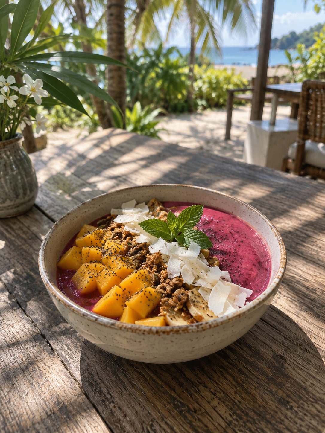 Smoothie bowl with tropical fruit and coconut flakes, palm shadow on a wooden table