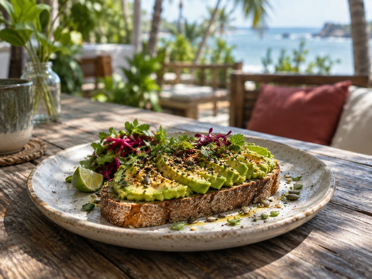 Avocado toast on a ceramic plate, Mirissa morning light