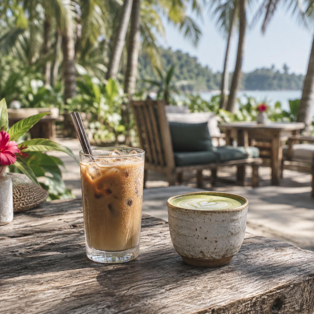 Iced coffee and a matcha on a low table under coconut palms
