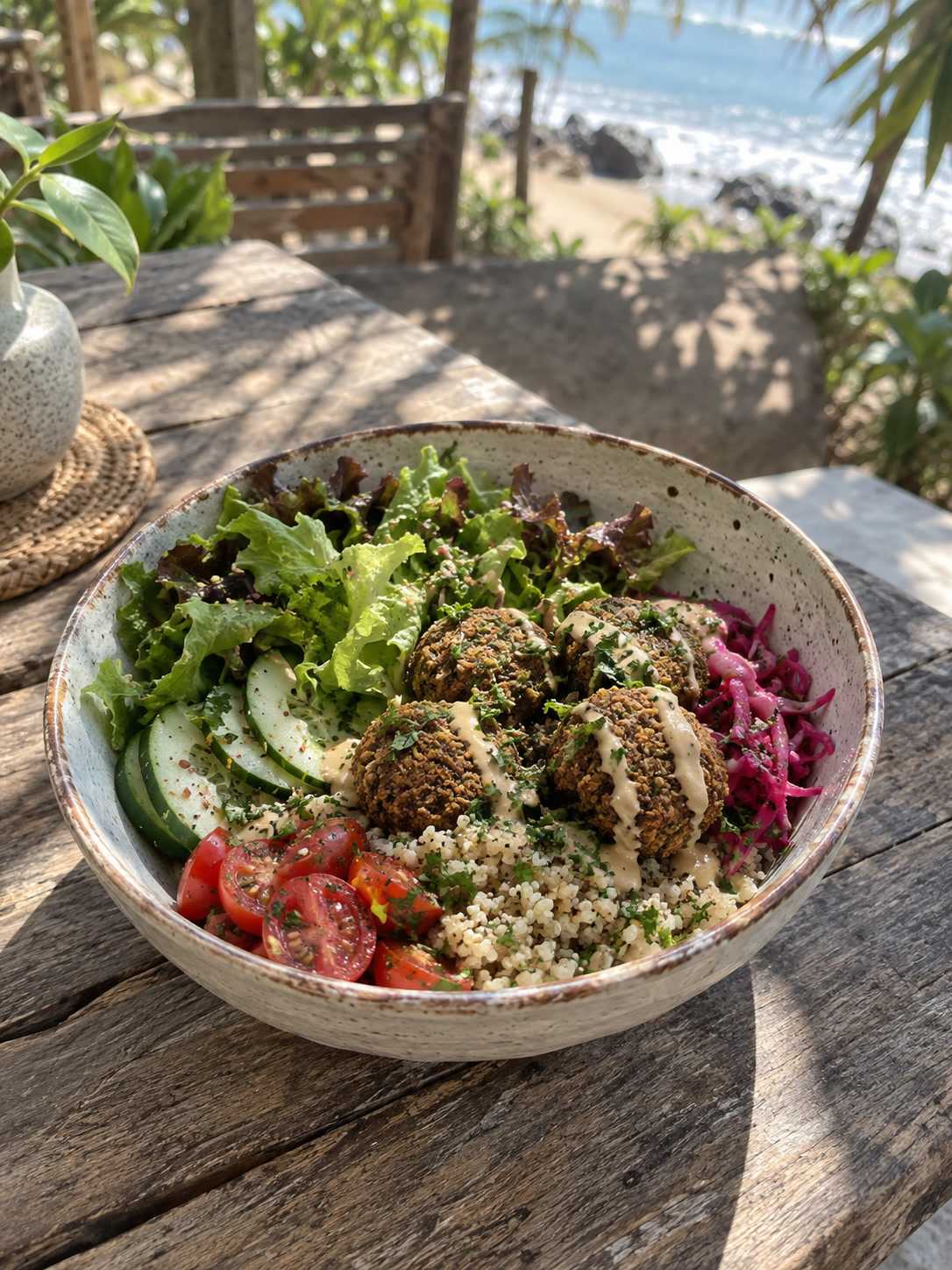 Falafel bowl with salad, no labels, outdoor cafe table