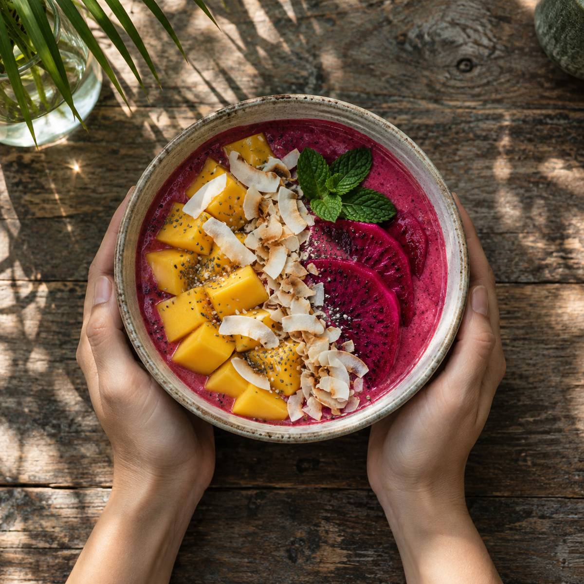 Hands holding a smoothie bowl, wrists only, dragonfruit and mango