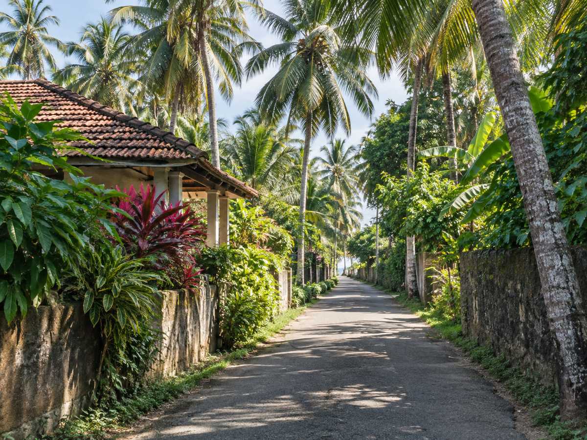 Diyagalana Road lane with coconut palms and a clay-tile roof, no signage