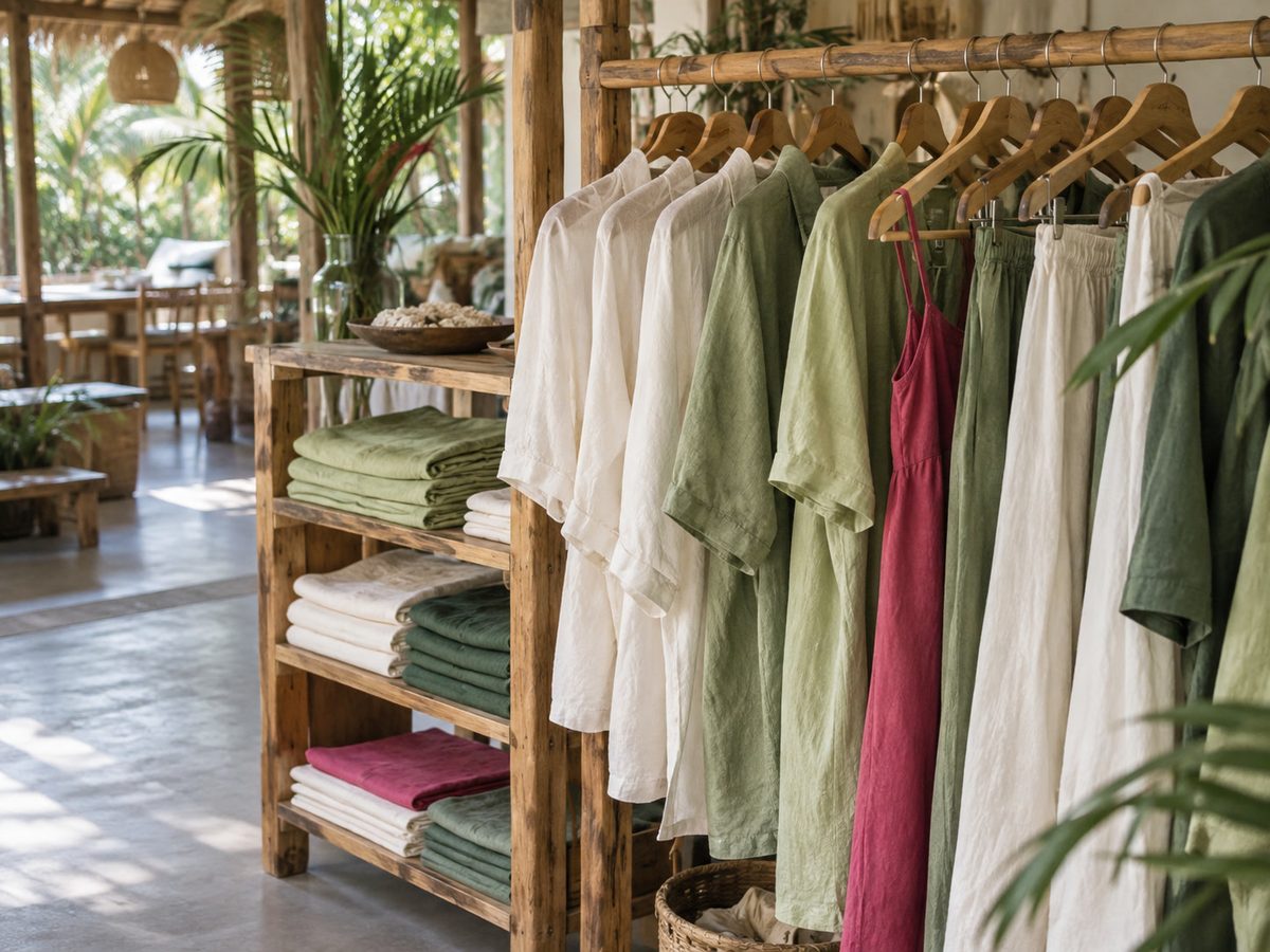 Lifestyle-shop rail of folded cotton clothes, no logos, cafe light